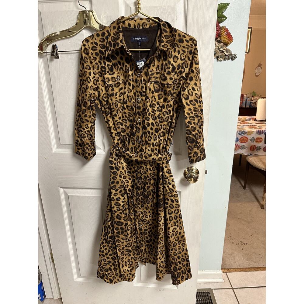 JONES NEW YORK DRESS ANIMAL PRINT Cheetah Collar Belt Med 8 Button Up NWT